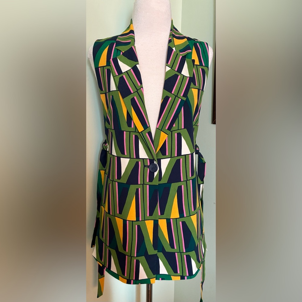 Zara Sleeveless Blazer Jacket Vest Multicolor Geo Print Spring Summer size XS S